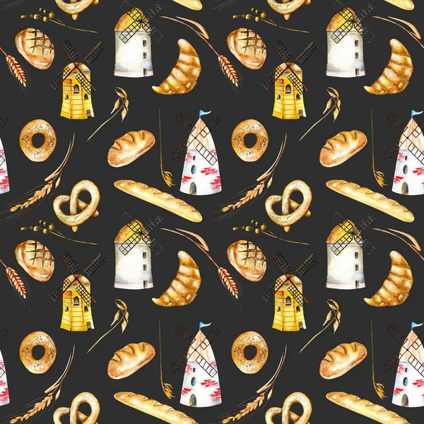 (베이글, 빵, 프랑스 빵) 베이커리 제품, 밀 spikelets, 풍차와 완벽 한 패턴 — 스톡 사진