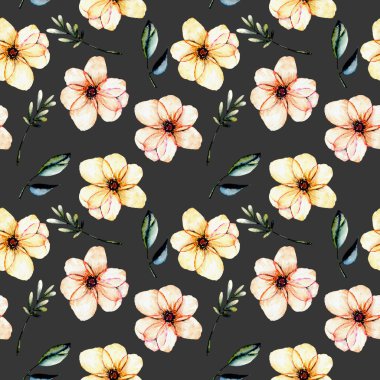 Sulu boya pembe çiçekler ile sorunsuz çiçek desenli, yeşil yaprakları ve dalları