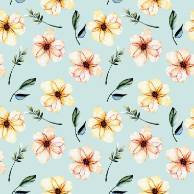 Sulu boya pembe çiçekler ile sorunsuz çiçek desenli, yeşil yaprakları ve dalları