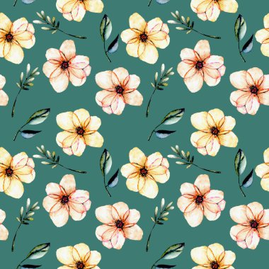 Sulu boya pembe çiçekler ile sorunsuz çiçek desenli, yeşil yaprakları ve dalları