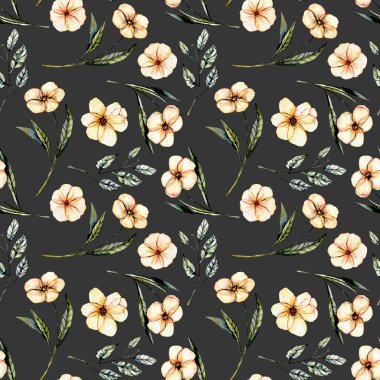 Sulu boya pembe çiçekler ile sorunsuz çiçek desenli, yeşil yaprakları ve dalları