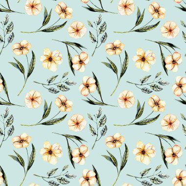 Sulu boya pembe çiçekler ile sorunsuz çiçek desenli, yeşil yaprakları ve dalları