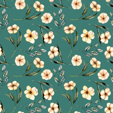 Sulu boya pembe çiçekler ile sorunsuz çiçek desenli, yeşil yaprakları ve dalları