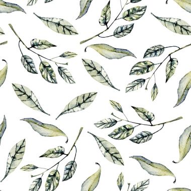 Sorunsuz çiçek desenli suluboya yeşil yaprakları ve dalları