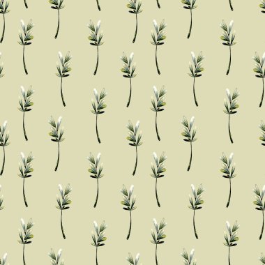 Sorunsuz çiçek desenli suluboya yeşil yaprakları ve dalları