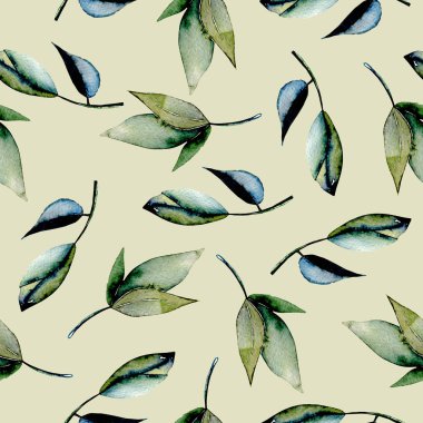 Sorunsuz çiçek desenli suluboya yeşil yaprakları ve dalları