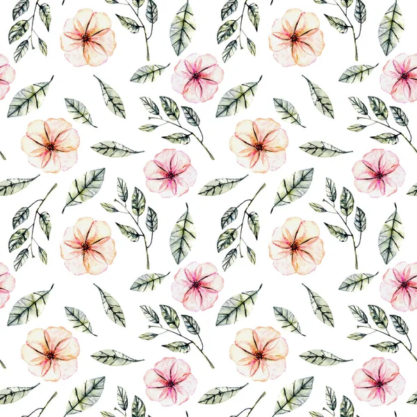 Seamless floral pattern with watercolor pink flowers, green leaves and branches — Stock Photo, Image