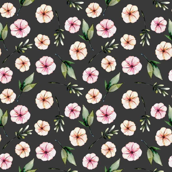 Patrón floral sin costuras con acuarela flores rosadas, hojas verdes y ramas —  Fotos de Stock