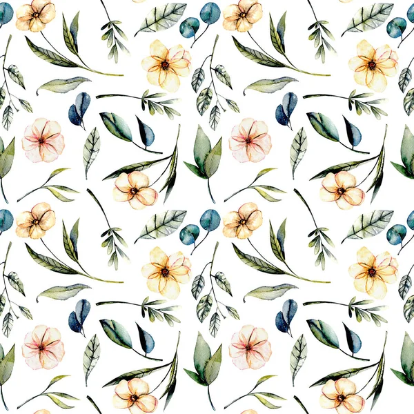 Nahtloses Blumenmuster mit aquarellrosa Blüten, Eukalyptusblättern und grünen Zweigen — Stockfoto