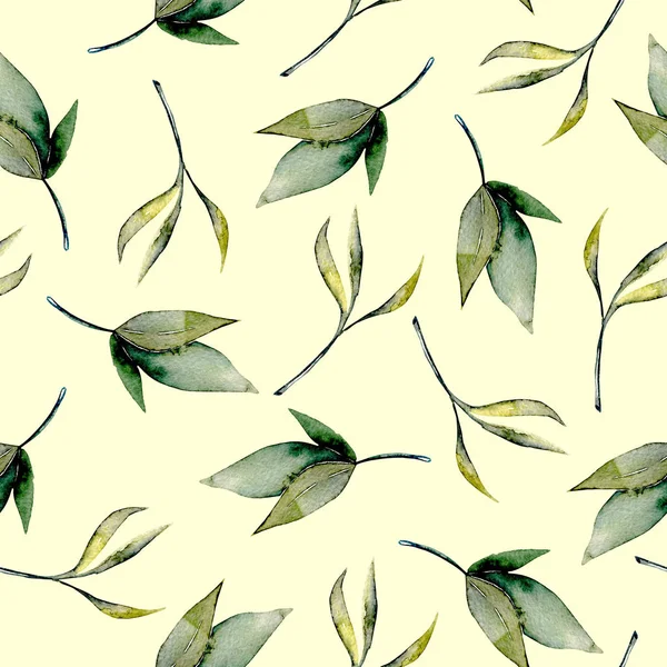 Seamless floral pattern with watercolor green leaves and branches — Stock Photo, Image