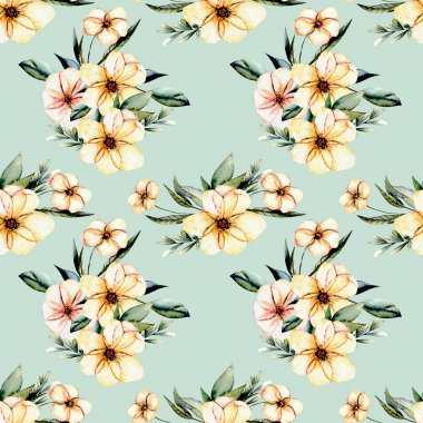 Sulu boya pembe ile sorunsuz çiçek desenli çiçek buketleri