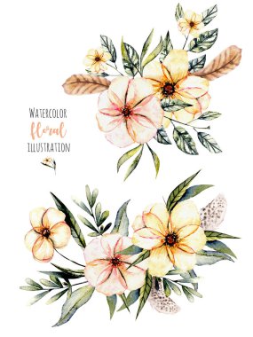 Sulu boya pembe dizi çiçekler ve buketleri illüstrasyon bırakır