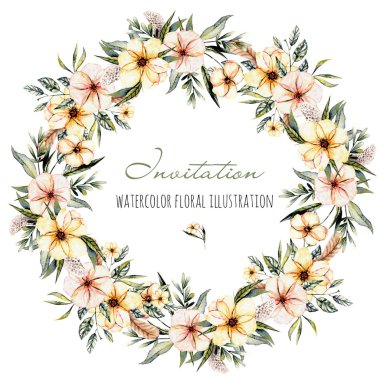 Çelenk, suluboya Pembe çiçek buketleri ve tüyleri ile daire kare