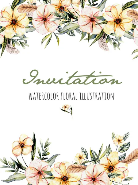 Šablona pohlednice s akvarel Růžové květiny a zelené listy ilustrace kytice — Stock fotografie