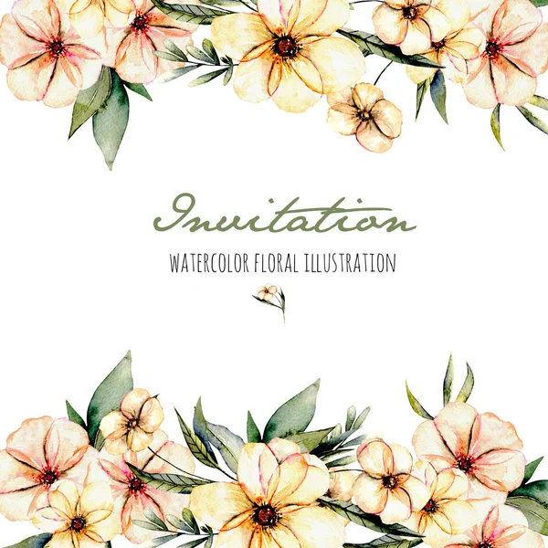 Vorlage Postkarte mit Aquarell rosa Blüten und grünen Blättern Blumensträuße Illustration — Stockfoto