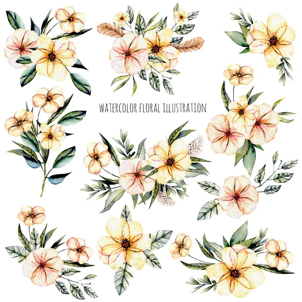 Set of watercolor pink flowers and leaves bouquets illustration — Stock Photo, Image