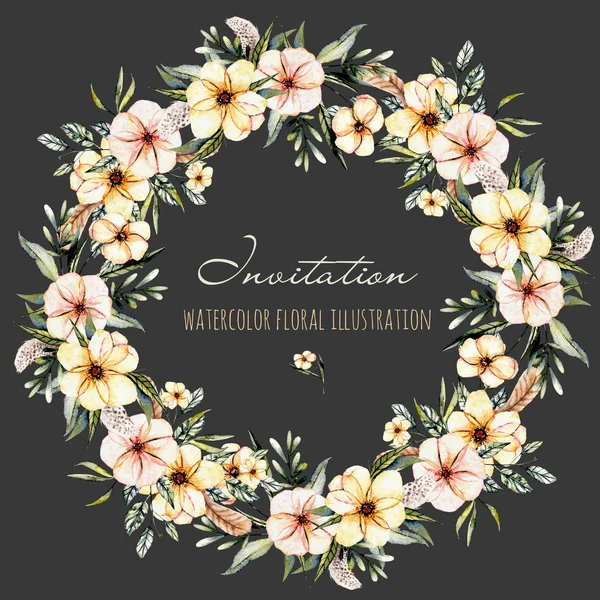 Wreath, circle frame with watercolor pink flowers bouquets and feathers — Stock Photo, Image