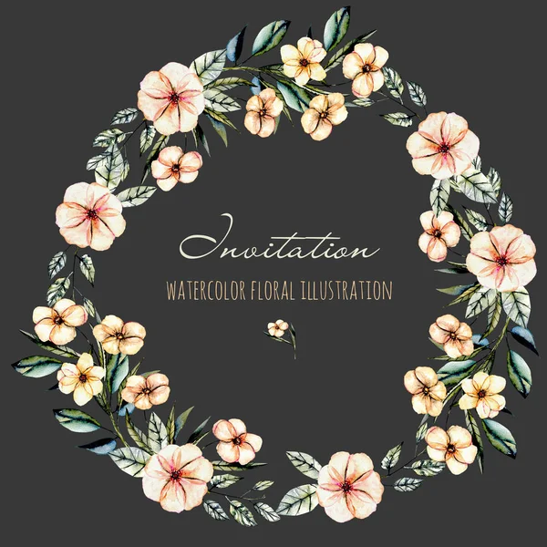 Στεφάνι, κύκλος πλαίσιο με ακουαρέλα ροζ λουλούδια και πράσινα φύλλα — Φωτογραφία Αρχείου