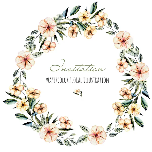 Wreath, circle frame with watercolor pink flowers and green leaves — Stock Photo, Image