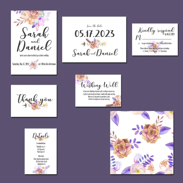 水彩の紫の花束入りテンプレート カード — ストック写真