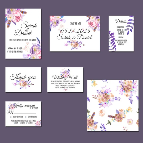 Schablonenkarten Set mit lila Aquarellpositionen — Stockfoto