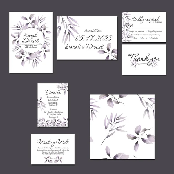 Template cards set with watercolor purple branches — Stock Photo, Image