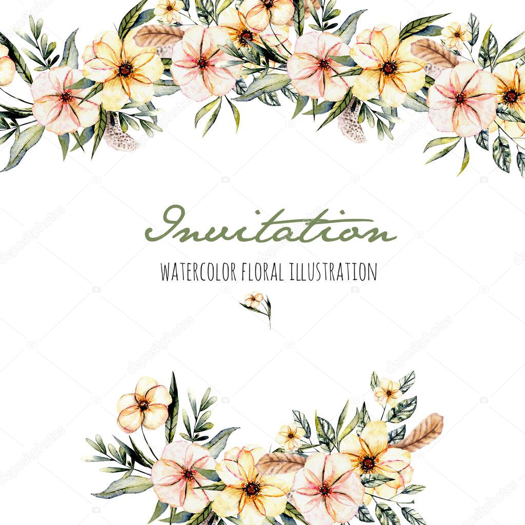 Template postcard with watercolor pink flowers and green leaves bouquets illustration