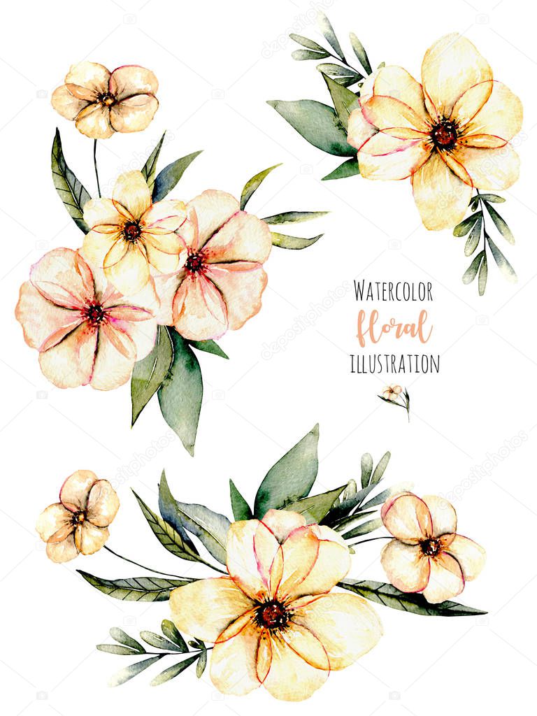 Set of watercolor pink flowers and leaves bouquets illustration