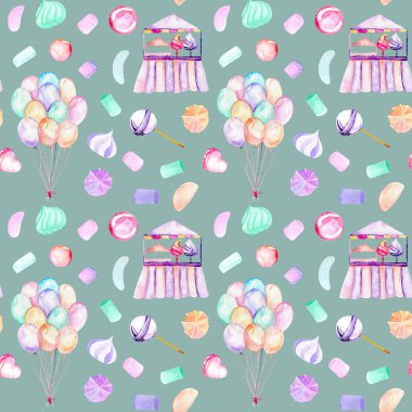 Balonlar, tatlılar (şeker, Lokum ve Yapıştır) ve pamuk şeker suluboya bohça ile Seamless Modeli