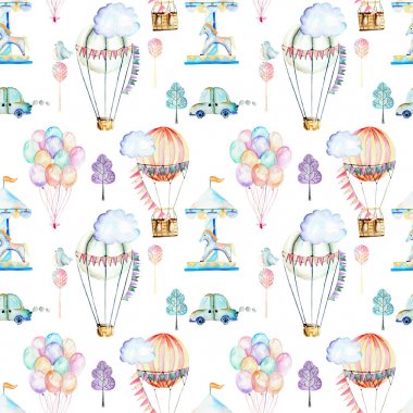 Hafta sonu konulu seamless modeli; suluboya hava balonları, aerostats, carousel ve arabalar