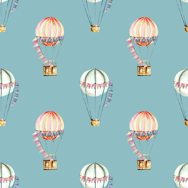 Seamless pattern with watercolor festive air balloons (aerostats) — Stock Photo, Image