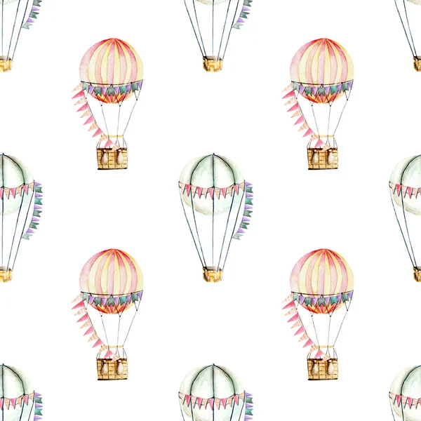 Seamless pattern with watercolor festive air balloons (aerostats) — Stock Photo, Image