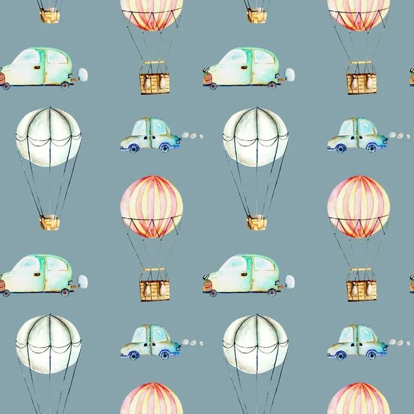 Seamless pattern with watercolor air balloons and cars — Stock Photo, Image