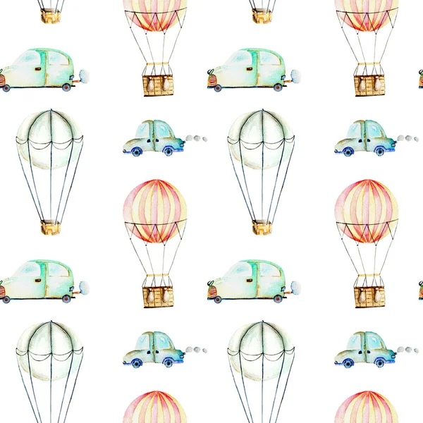 Seamless pattern with watercolor air balloons and cars — Stock Photo, Image