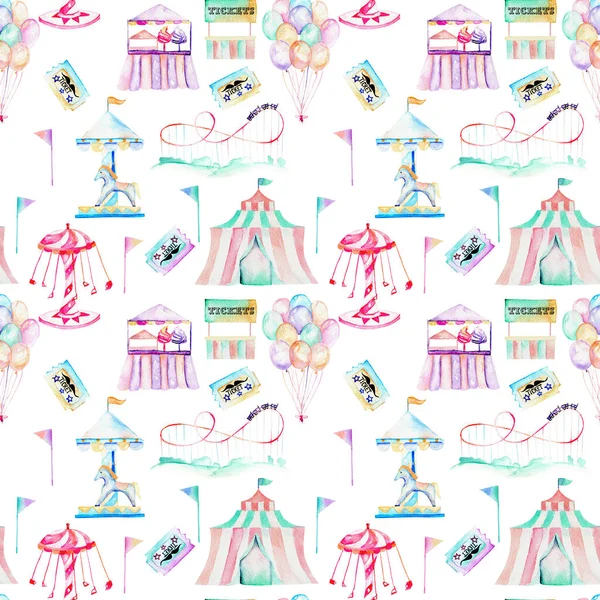 Seamless pattern with watercolor elements of amusement park — Stock Photo, Image