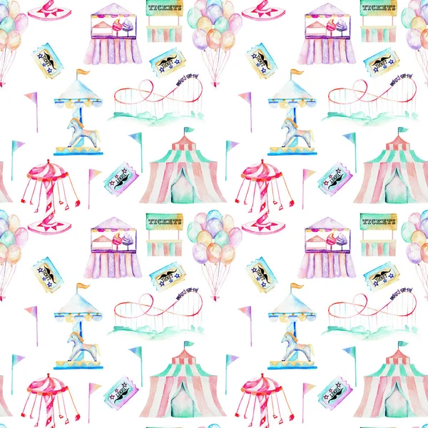 Seamless pattern with watercolor elements of amusement park