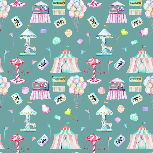 Seamless pattern with watercolor elements of amusement park and candies — Stock Photo, Image