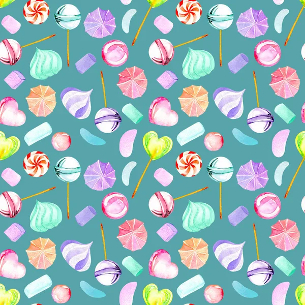 Seamless pattern with watercolor sweets (candies, lollipop, marshmallow and paste) — Stock Photo, Image