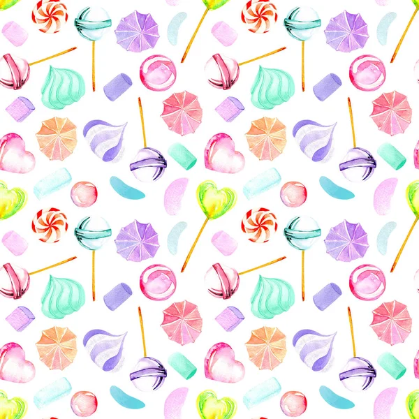 Seamless pattern with watercolor sweets (candies, lollipop, marshmallow and paste)