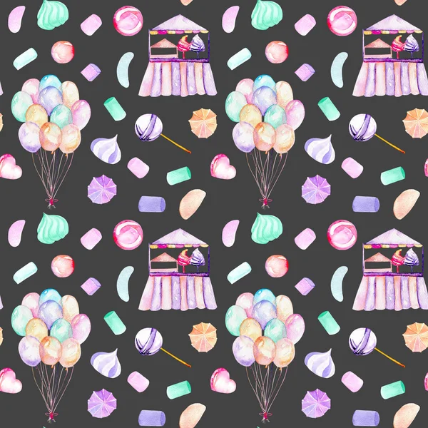 Seamless pattern with watercolor bundle of balloons, sweets (candies, marshmallow and paste) and cotton candy — Stock Photo, Image