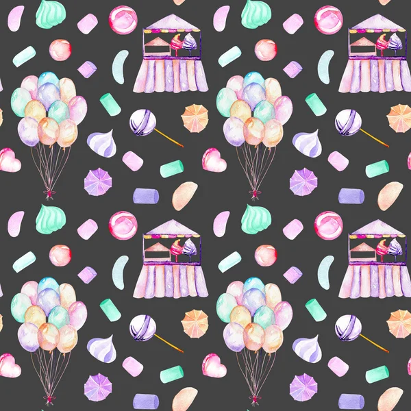 Seamless pattern with watercolor bundle of balloons, sweets (candies, marshmallow and paste) and cotton candy