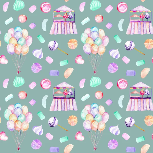 Seamless pattern with watercolor bundle of balloons, sweets (candies, marshmallow and paste) and cotton candy — Stock Photo, Image