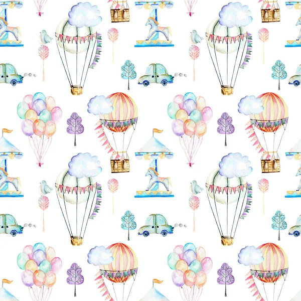 Hafta sonu konulu seamless modeli; suluboya hava balonları, aerostats, carousel ve arabalar