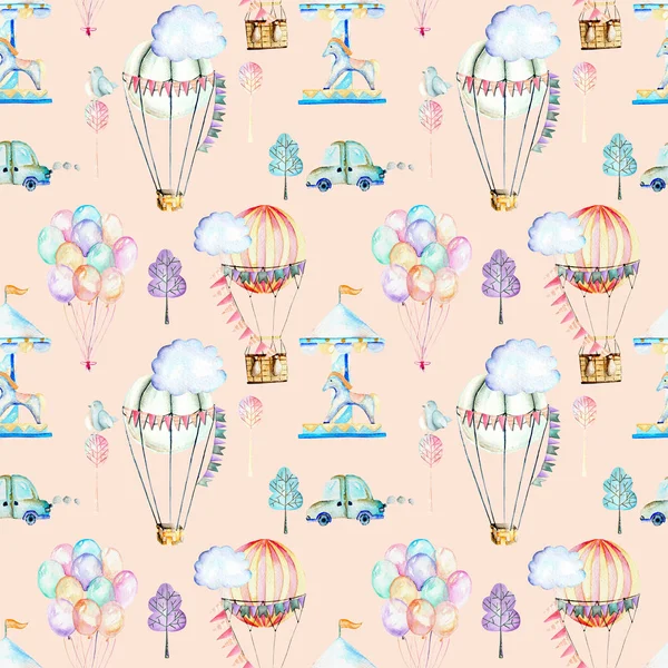 Naadloze patroon op weekend thema; Aquarel lucht ballonnen, aerostats, carrousel en auto 's — Stockfoto