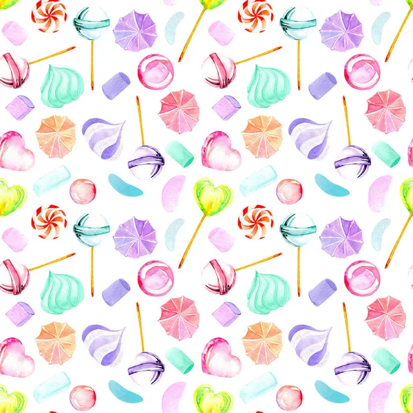 Seamless pattern with watercolor sweets (candies, lollipop, marshmallow and paste) — Stock Image Seamless pattern with watercolor sweets (candies, lollipop, marshmallow and paste) Stock Picture