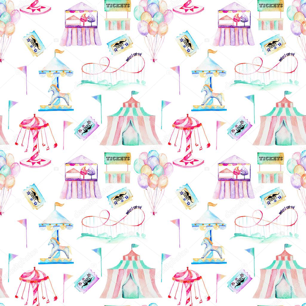 Seamless pattern with watercolor elements of amusement park