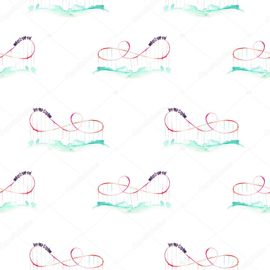 Seamless pattern with watercolor roller coaster from the amusement park