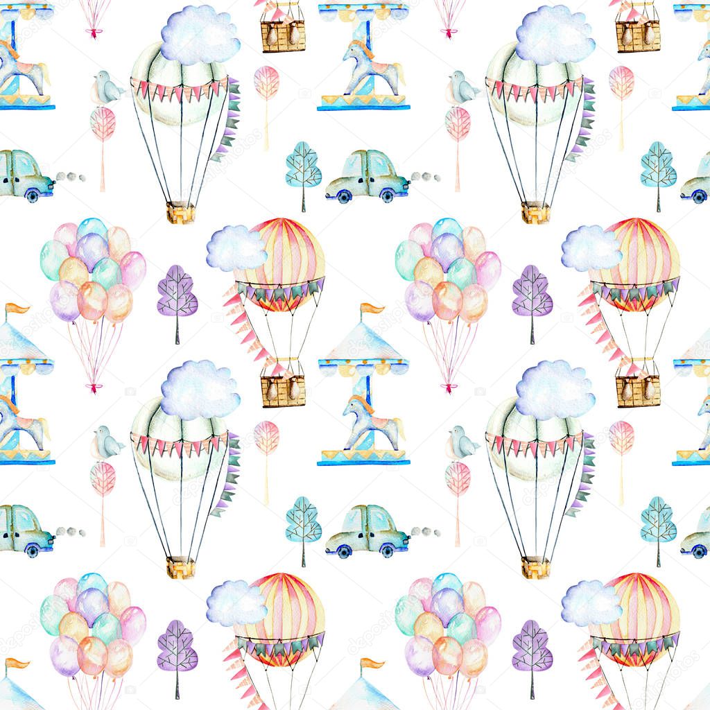 Seamless pattern on weekend theme; watercolor air balloons, aerostats, carousel and cars