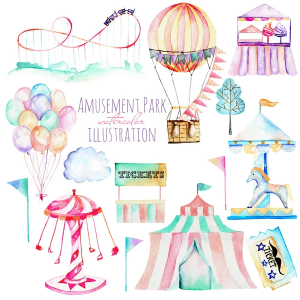 Illustration set with watercolor elements of amusement park — Stock Photo, Image