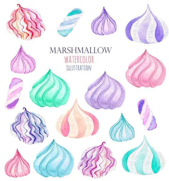 Sada akvarel marshmallow ilustrace, pro použití v logo, znak, symbol — Stock fotografie
